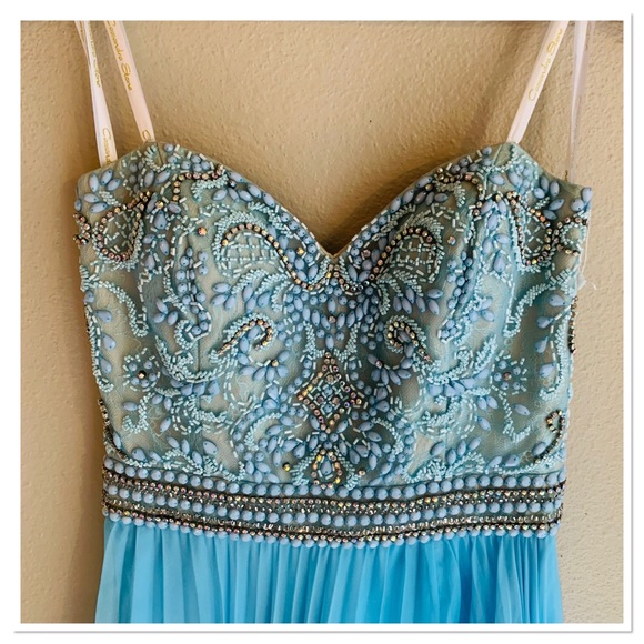 Cassandra Stone Evening Gown Beaded Jewel Bodice Pleated Long Dress Blue Size 4 - Picture 2 of 15